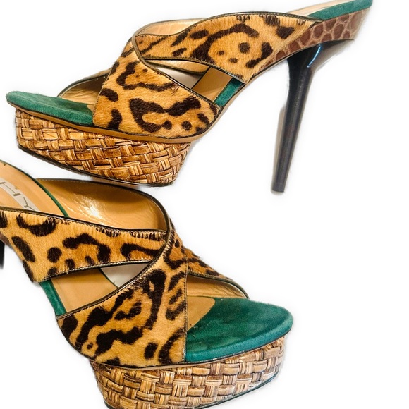 SHY Pony Macaluto Animal Print LEOPARD Bamboo Sexy High Heel Platform Sandals 10 - Picture 1 of 5
